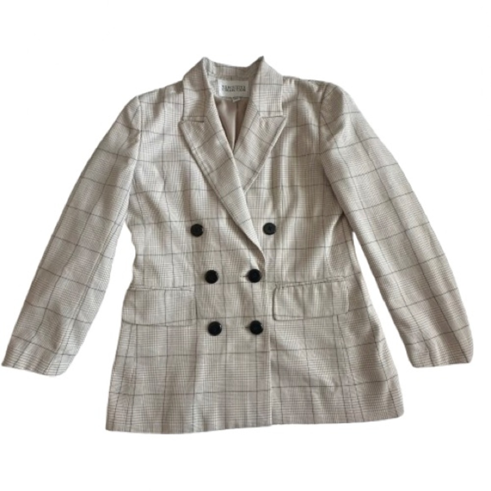 Vintage Executive Collection Women's 8P Cream Tan Plaid Double-Breasted Blazer - Picture 3 of 14